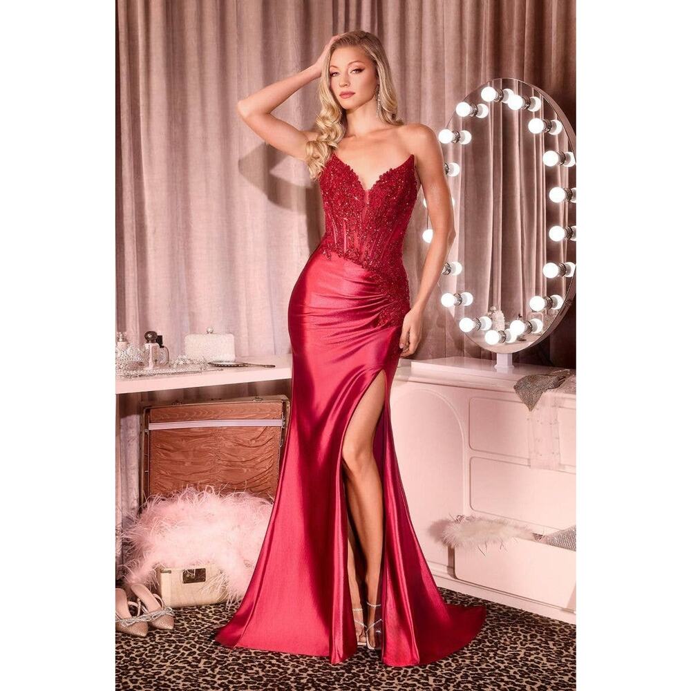 NWT Ladivine CD714 Evening Gown Dress Womens 0 Burgundy Beaded Satin Corset Glam